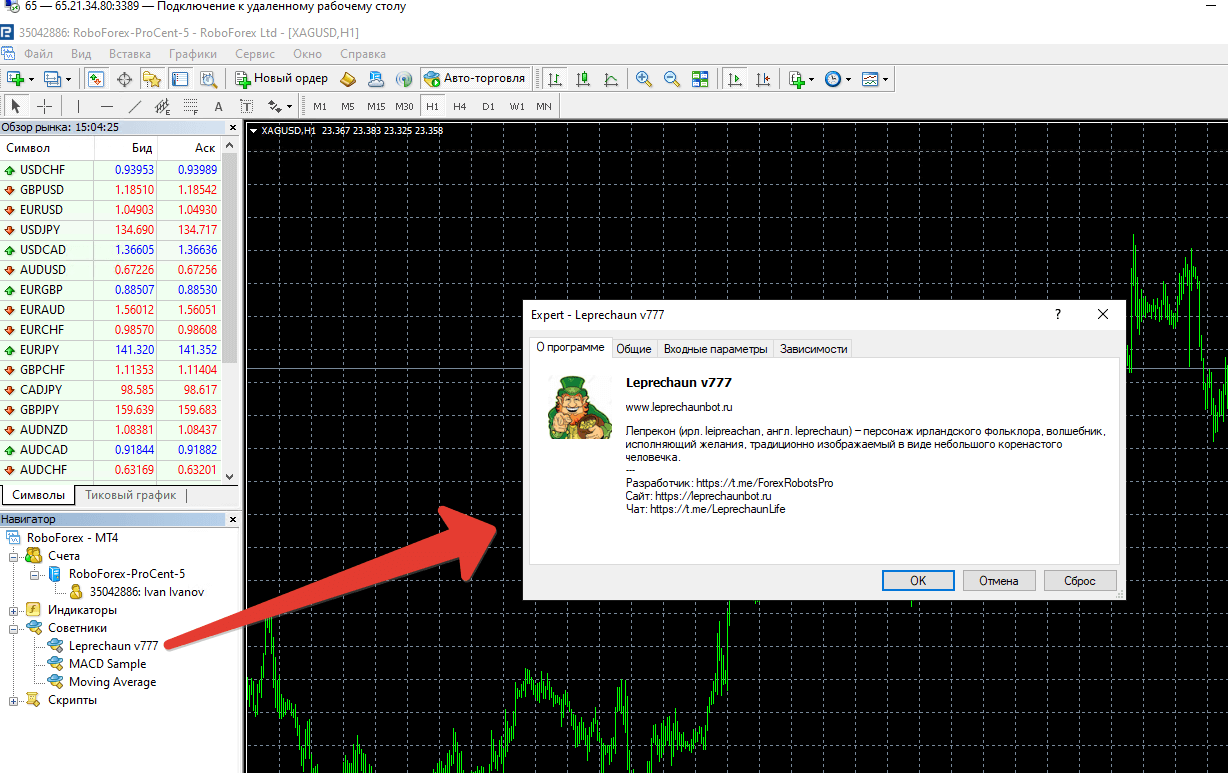 Установка и настройка бота Leprechaun - окно настроек бота